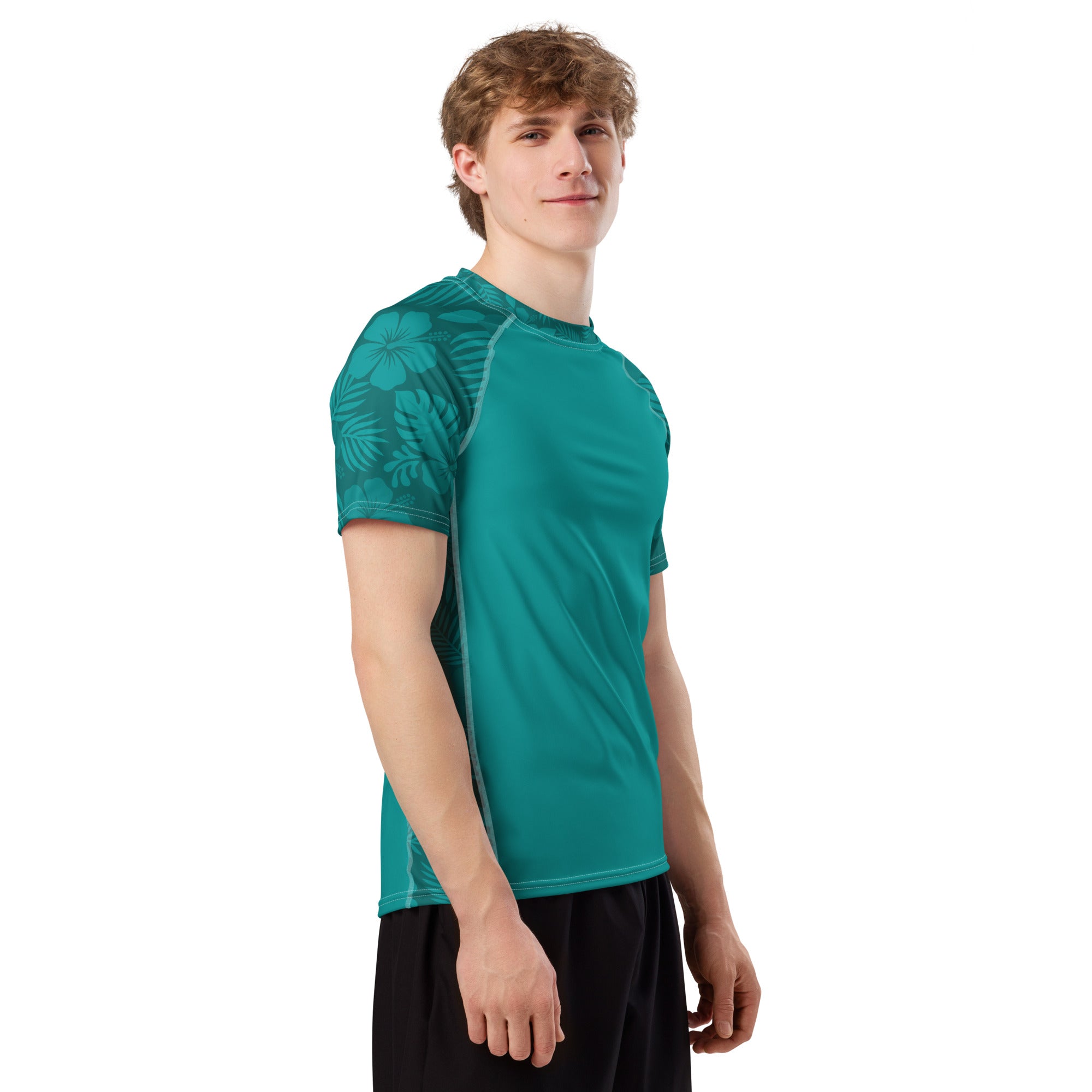 Teal Hibiscus recycled rash vest with UPF 50+ protection, moisture-wicking performance fabric and bold surf-inspired artwork. Recycled Short Sleeved Rash Guard Product mockup studio style.
