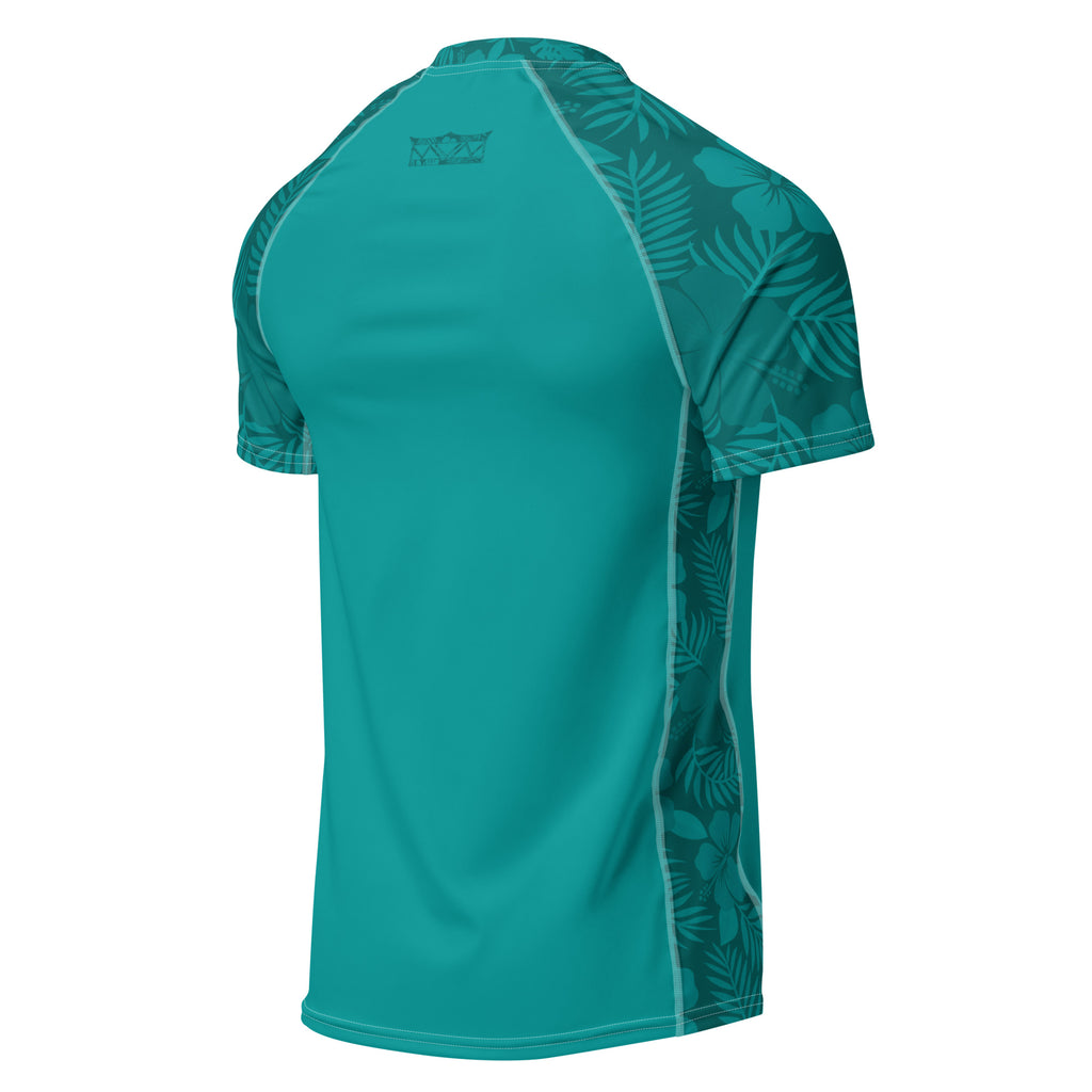 Majestic Vision Teal Hibiscus recycled rash vest with UPF 50+ protection, moisture-wicking performance fabric and bold surf-inspired artwork. Recycled Short Sleeved Rash Guard Product mockup back.