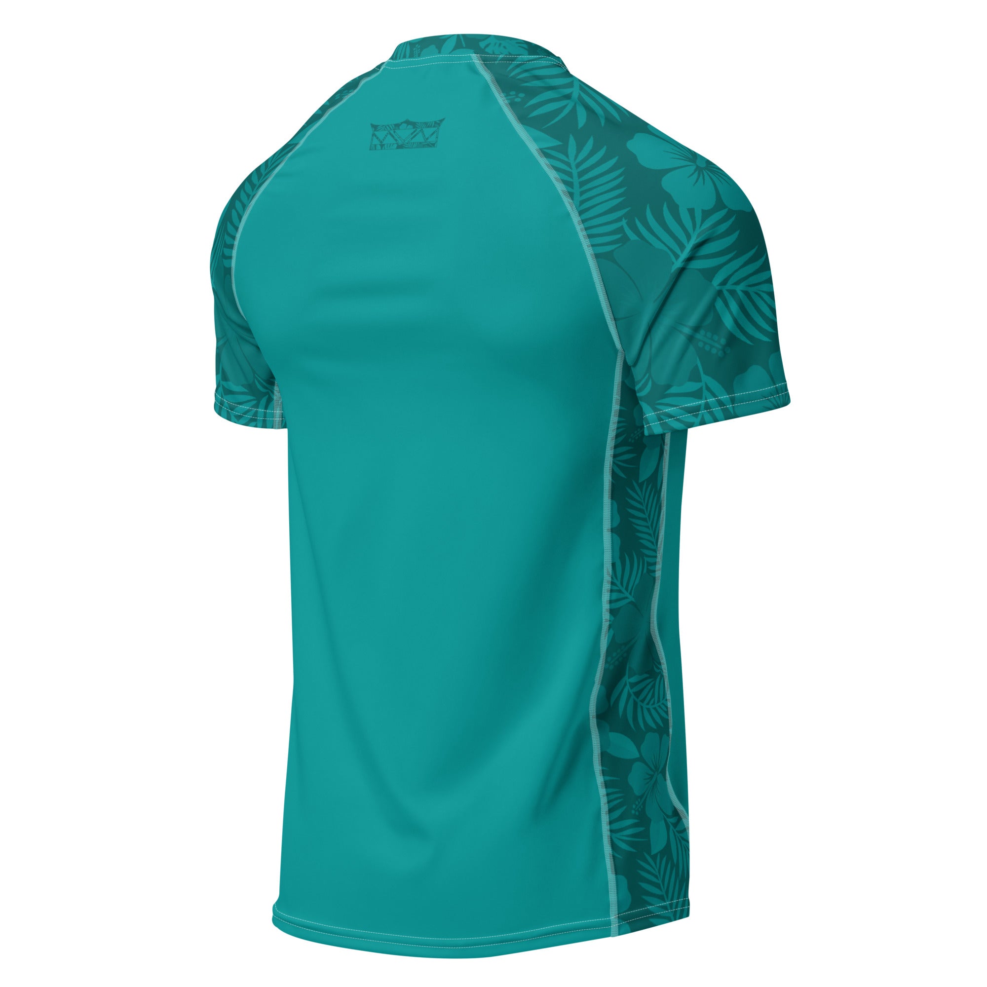 Majestic Vision Teal Hibiscus recycled rash vest with UPF 50+ protection, moisture-wicking performance fabric and bold surf-inspired artwork. Recycled Short Sleeved Rash Guard Product mockup back.