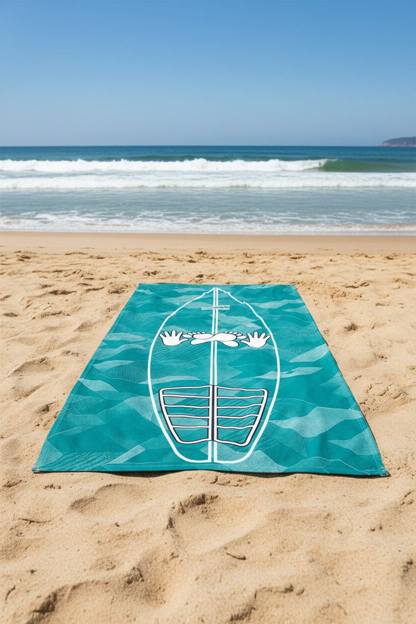 Teal Sci Fi Camo Surf Pop-Up Training Mat – Oversized Quick-Dry Beach Towel with Stance Placement Guide lies flat on a sandy beach with the ocean and blue sky in the background.